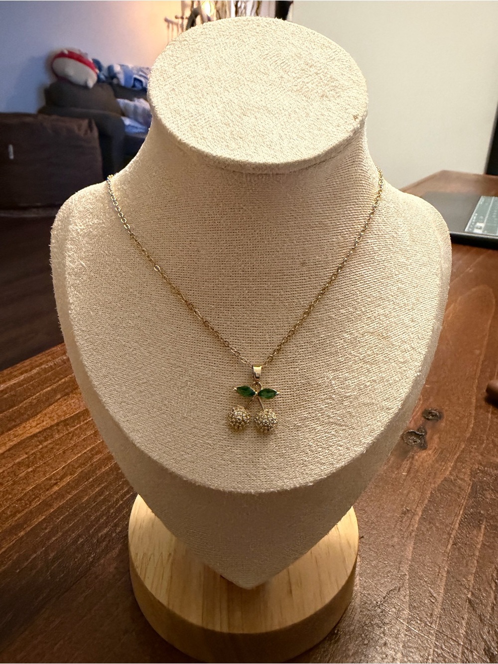 Gold Cherry Pendant Necklace with Green Enamel Leaves